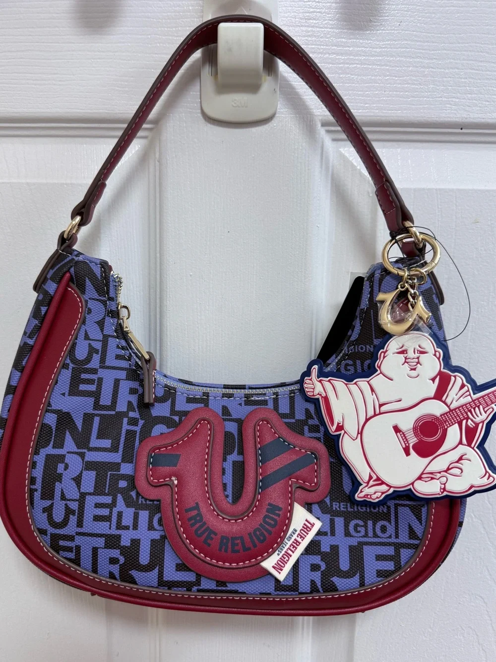 True Religion Graphic Horseshoe Hobo Bag in Blue and Red w/Buddha Charm
